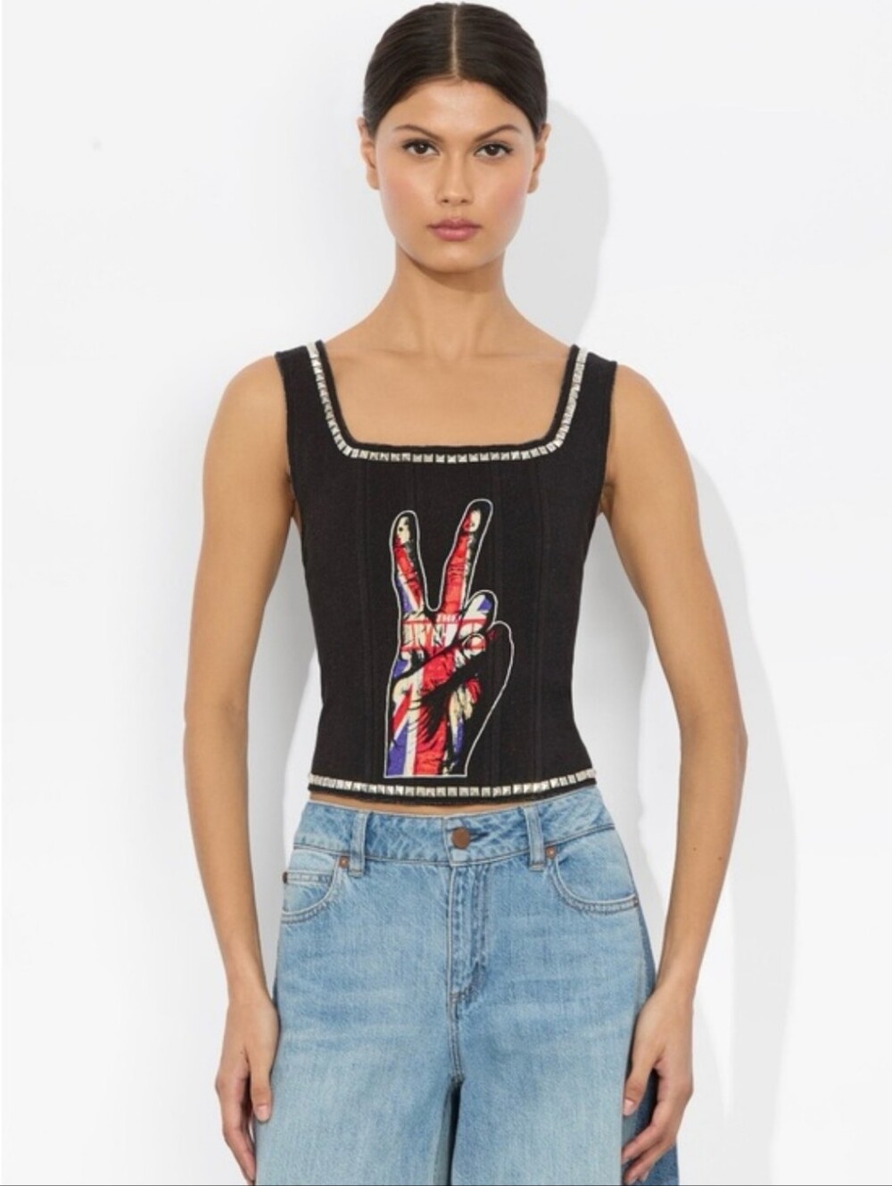 New No Tag, Black Embellished Peace Sign Tank Top Corset.